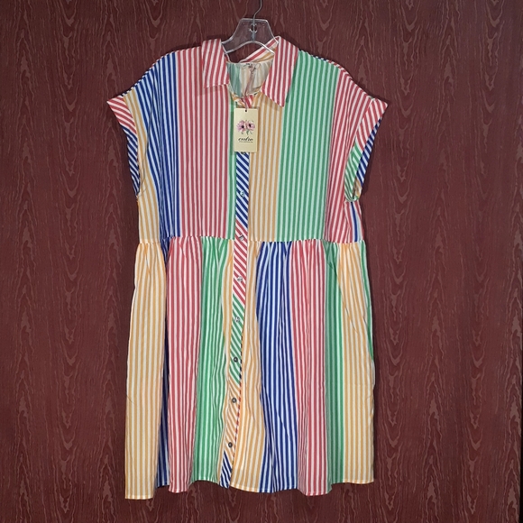 entro Dresses & Skirts - ENTRO WHO AM I Midi Striped Short Sleeve Shirt Multicolored Pockets Dress
